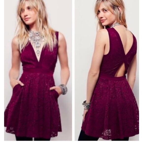 Free People Lovely In Lace Fit & Flare Dress in Wine Size Small - Picture 1 of 6